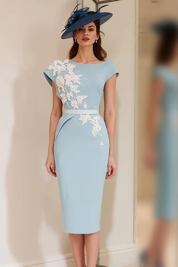Ljusblå Appliqued Sheath Midi Klänning för Brudens Mor